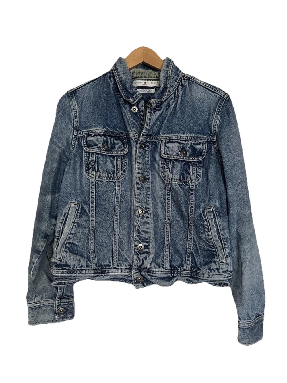 Vtg Tommy Hilfiger Denim Jean Jacket Coat Trucker Y2K Pockets Womens Size L/XL